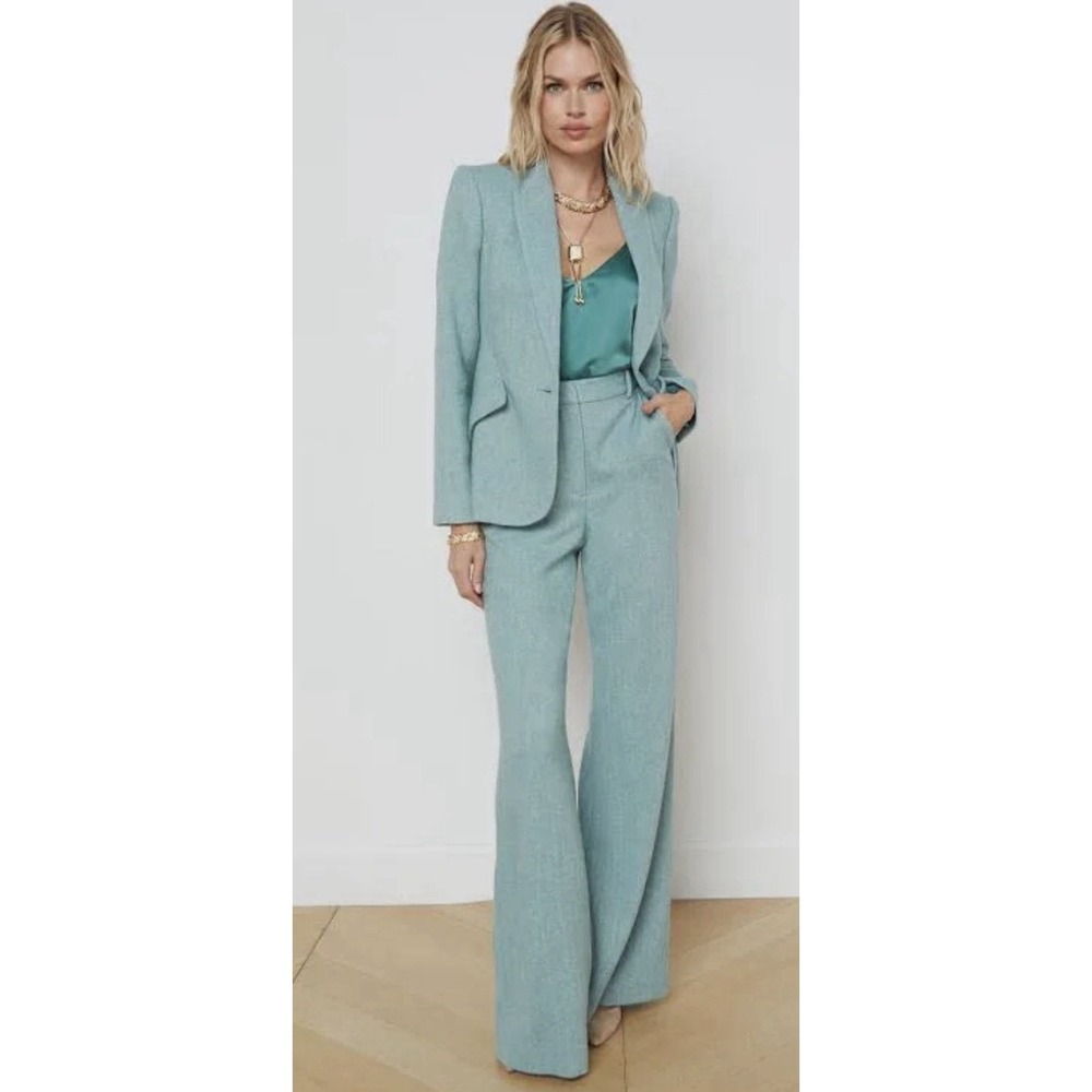 L'agence $1300 Blue Tweed Wool 2-piece Women's Suit Flared Pants And Blazer 00